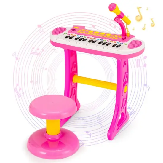 Kids Piano Keyboard with Adjustable Microphone and Stool Pink {5}