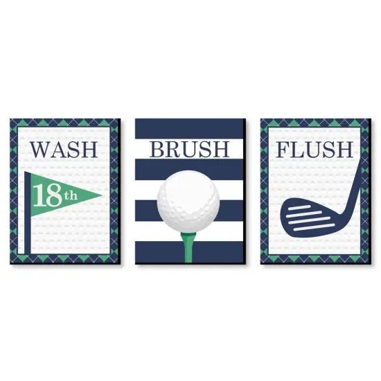 Big Dot of Happiness Par-Tee Time - Golf - Kids Bathroom Rules Wall Art - 7.5 x 10 inches - Set of 3 Signs - Wash, Brush, Flush {1}