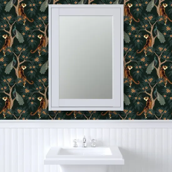 Pre-Pasted Wallpaper 2FT Wide Tiger Chinoiserie Bengal Peacock Asian Inspired Dark Teal Orange Romantic Floral Victorian Custom Pre-pasted Wallpaper by Spoonflower {6}