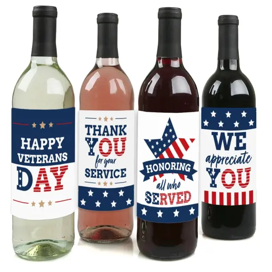 Big Dot of Happiness Happy Veterans Day - Patriotic Decorations for Women and Men - Wine Bottle Label Stickers - Set of 4 {1}
