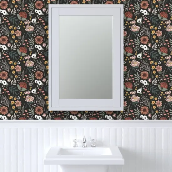 Peel & Stick Wallpaper 2FT Wide Dark Boho Floral Mustard Bohemian Sage Green Botanical Dusty Rose Earthtone Earthy Colors Autumn Floral Boho On Black Custom Removable Wallpaper by Spoonflower {6}