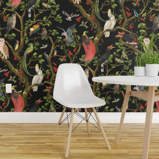 Peel & Stick Wallpaper 2FT Wide Maximalist Animalier Vintage Inspired Wild Birds Tropical Jungle Custom Removable Wallpaper by Spoonflower {1}