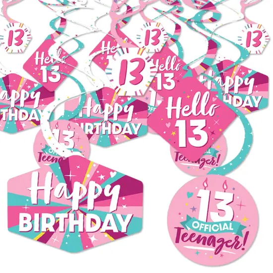 Big Dot of Happiness Girl 13th Birthday - Official Teenager Birthday Party Hanging Decor - Party Decoration Swirls - Set of 40 {1}