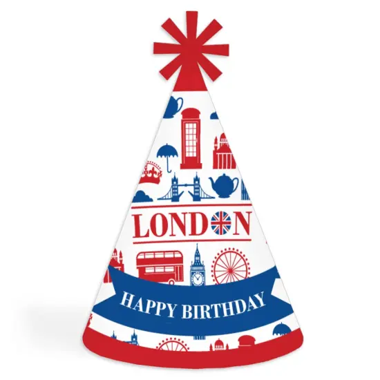 Big Dot of Happiness Cheerio, London - Cone Happy Birthday Party Hats for Kids and Adults - Set of 8 (Standard Size) {1}