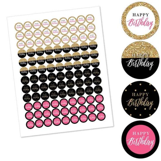 Big Dot of Happiness Chic Happy Birthday - Pink, Black and Gold - Round Candy Sticker Favors - Labels Fits Chocolate Candy (1 sheet of 108) {3}
