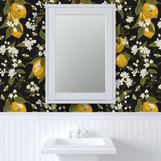 Peel & Stick Wallpaper 2FT Wide Bees Lemons Black Large Modern Citrus Traditional Custom Removable Wallpaper by Spoonflower {6}
