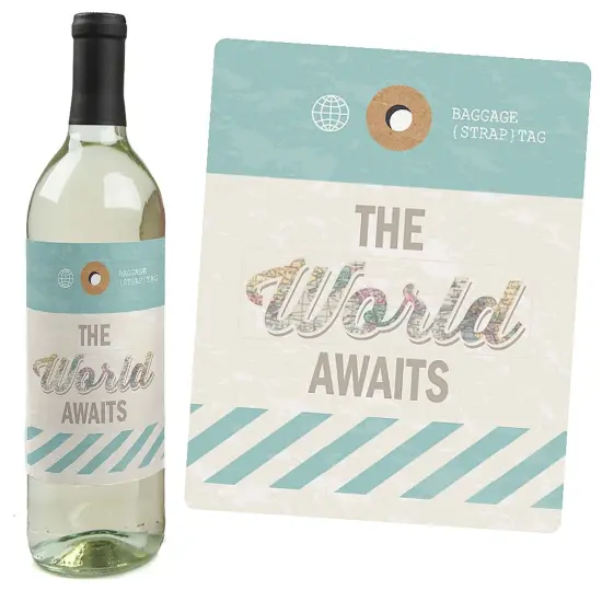 Big Dot of Happiness World Awaits - Travel Theme Decorations for Women and Men - Wine Bottle Label Stickers - Set of 4 {4}
