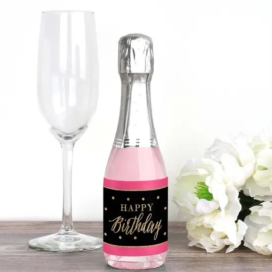 Big Dot of Happiness Chic Happy Birthday - Pink, Black and Gold - Mini Wine & Champagne Bottle Label Stickers - Birthday Party Favor Gift - Set of 16 {3}