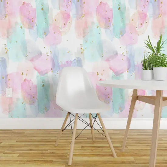 Pre-Pasted Wallpaper 2FT Wide Rainbow Stars Watercolor Abstract Gold Pastel Girl Hippie Custom Pre-pasted Wallpaper by Spoonflower {1}