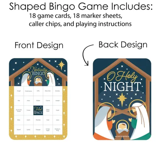 Big Dot of Happiness Holy Nativity - Bingo Cards and Markers - Manger Scene Religious Christmas Shaped Bingo Game - Set of 18 {4}
