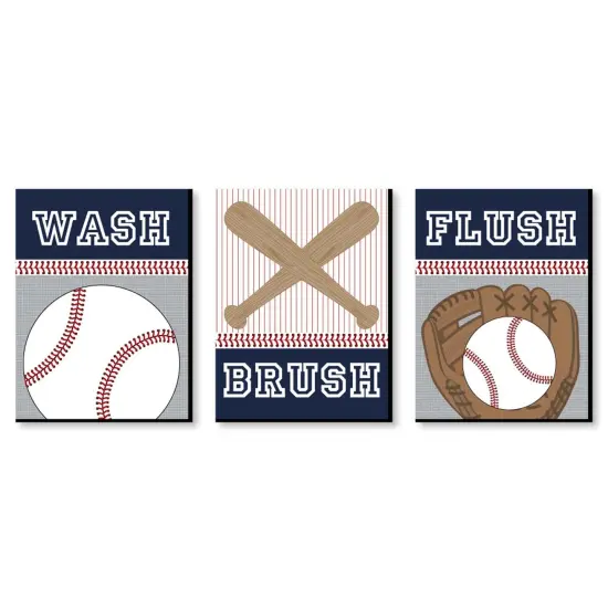 Big Dot of Happiness Batter Up - Baseball - Kids Bathroom Rules Wall Art - 7.5 x 10 inches - Set of 3 Signs - Wash, Brush, Flush {1}