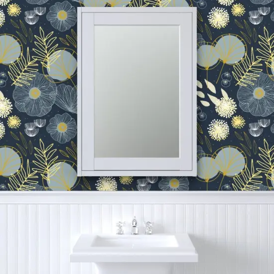 Pre-Pasted Wallpaper 2FT Wide Mod Firefly Botanical Blooms Night Garden Dark Meadow Midcentury Modern Custom Pre-pasted Wallpaper by Spoonflower {6}