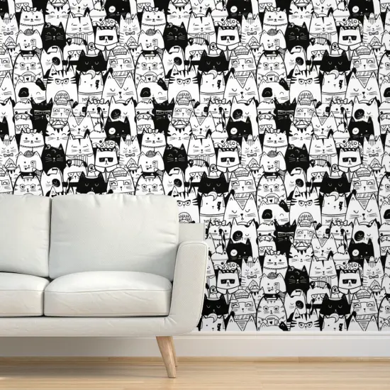 Peel & Stick Wallpaper 2FT Wide Black Cats White Rescue Cats Kids Kittens Cat Cute Funny Custom Removable Wallpaper by Spoonflower {5}