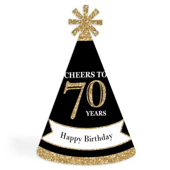 Big Dot of Happiness Adult 70th Birthday - Gold - Cone Birthday Party Hats for Adults - Set of 8 (Standard Size) {1}