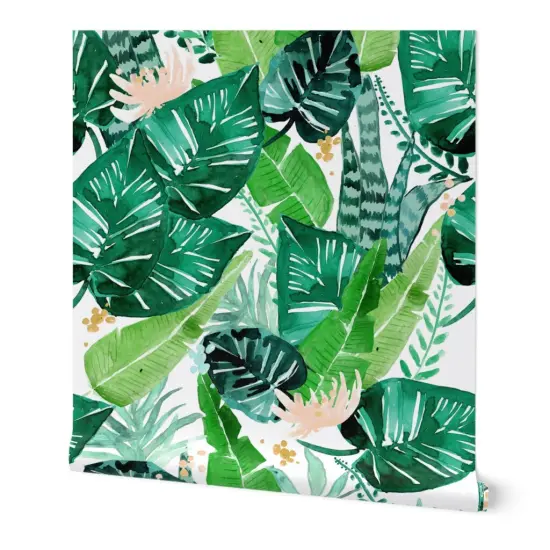 Peel & Stick Wallpaper 2FT Wide Jungle Tropical White Leaves Banana Leaf Hawaii Plant Custom Removable Wallpaper by Spoonflower {7}