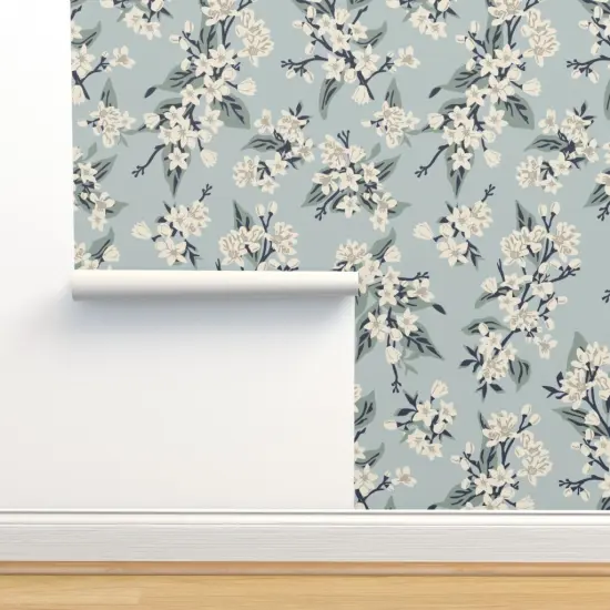 Pre-Pasted Wallpaper 2FT Wide Vintage Blue Flowers Dusty Pretty Traditional Delicate Pastel Farmhouse Transitional Lemon Custom Pre-pasted Wallpaper by Spoonflower {2}