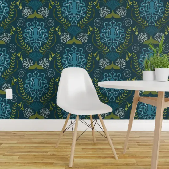 Pre-Pasted Wallpaper 2FT Wide Nautical Damask Victorian Style Botanical Blue Octopus Ocean Life Custom Pre-pasted Wallpaper by Spoonflower {1}