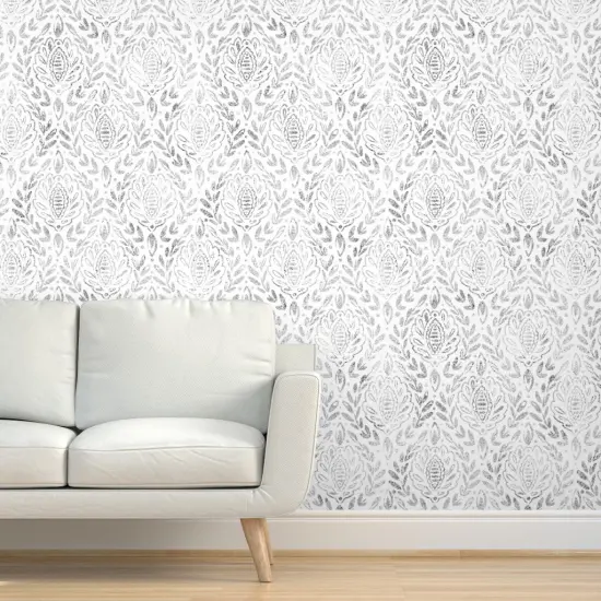 Peel & Stick Wallpaper 2FT Wide Neutral Damask Black And White Leaves Grey Gray Wallpaper Neutral Damask Texture Faded Distressed Custom Removable Wallpaper by Spoonflower {5}