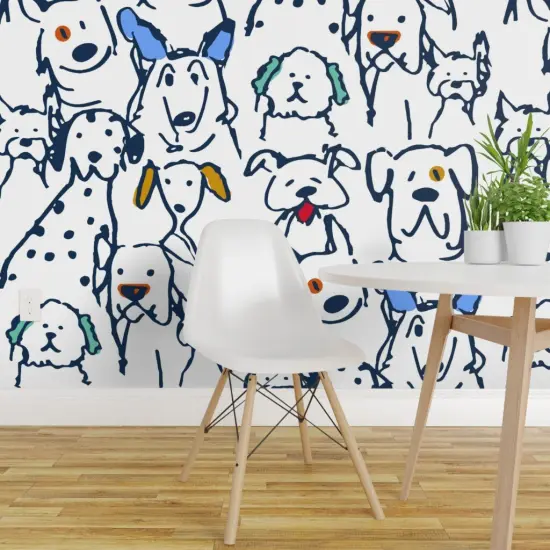Pre-Pasted Wallpaper 2FT Wide Whimsical Dog Doodle Large Scale Pets Veterinarian Rescue Lover Hand Drawn Quirky Animals Blue Cute Custom Pre-pasted Wallpaper by Spoonflower {1}