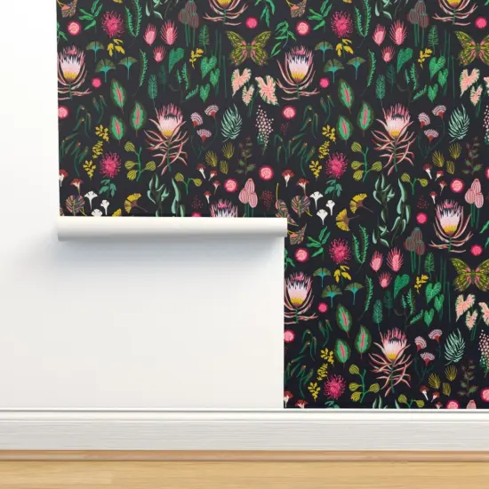Peel & Stick Wallpaper 2FT Wide Leaf Floral Study Dark Large Flowers Botanical Tropical Black Nature Custom Removable Wallpaper by Spoonflower {2}