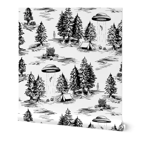 Peel & Stick Wallpaper 2FT Wide Ufo Whimsical Large Scale Black And White Space Alien Custom Removable Wallpaper by Spoonflower {7}