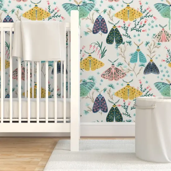 Pre-Pasted Wallpaper 2FT Wide Hand Painted Moths Gouache Butterflies Blush Pink Blue Navy Yellow Insect Wings Garden Flowers Pastel Custom Pre-pasted Wallpaper by Spoonflower {7}