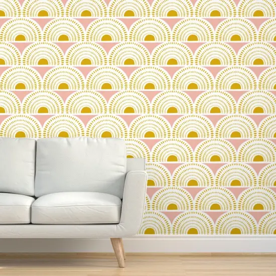 Pre-Pasted Wallpaper 2FT Wide Geometric Blush Gold Scallops Semicircles Art Deco Inspired Mustard Mod Custom Pre-pasted Wallpaper by Spoonflower {5}