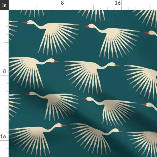 Various Fabrics by the Yard or Fat Quarter Birds Teal Art Deco Crane Fly Long Neck Wings Sunburst Animal Swan Feather Flair Cream Teal Orange Migration Modern Graphic Air Sky Flock Custom Printed Fabric by Spoonflower {2}