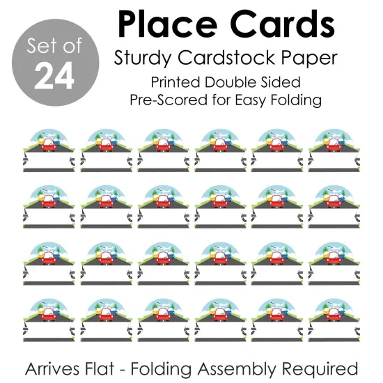 Big Dot of Happiness Cars, Trains, and Airplanes - Transportation Birthday Party Tent Buffet Card - Table Setting Name Place Cards - Set of 24 {7}