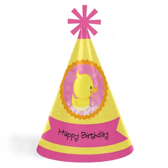 Big Dot of Happiness Pink Ducky Duck - Cone Happy Birthday Party Hats for Kids and Adults - Set of 8 (Standard Size) {1}