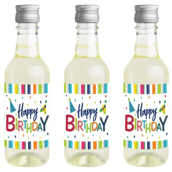 Big Dot of Happiness Cheerful Happy Birthday - Mini Wine Bottle Label Stickers - Colorful Birthday Party Favor Gift for Women and Men - Set of 16 {1}