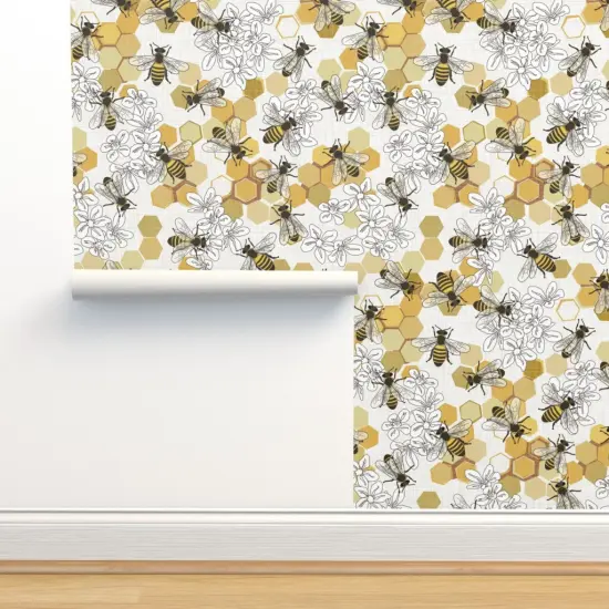 Pre-Pasted Wallpaper 2FT Wide Endangered Species Honey Bee Flowers Honeycomb Hexagon Floral Apiary Insects Bugs Custom Pre-pasted Wallpaper by Spoonflower {2}
