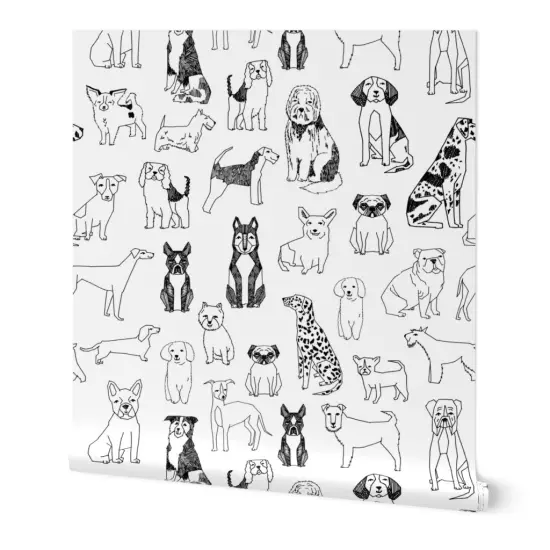 Peel & Stick Wallpaper 2FT Wide Black White Dogs Ink Drawing Dalmatian Labrador Retriever Terrier St Bernard Dog Breeds Custom Removable Wallpaper by Spoonflower {7}