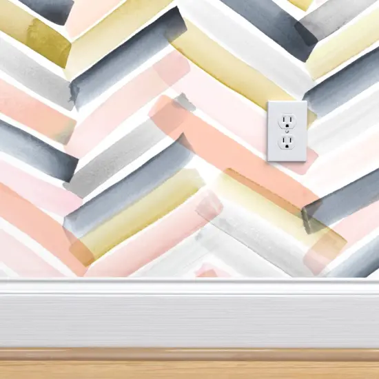 Pre-Pasted Wallpaper 2FT Wide Chevron Blush Navy Pink Stripe Gray Mustard Modern Watercolor Herringbone Geometric Custom Pre-pasted Wallpaper by Spoonflower {4}