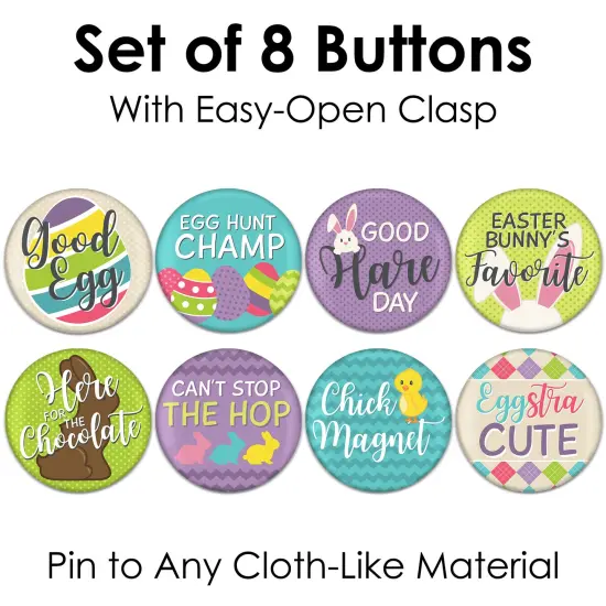 Big Dot of Happiness Hippity Hoppity - 3 inch Easter Bunny Party Badge - Pinback Buttons - Set of 8 {7}
