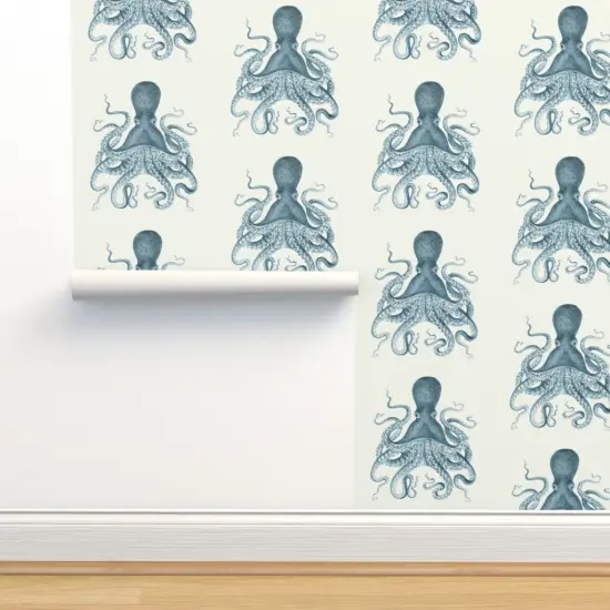 Peel & Stick Wallpaper 2FT Wide Octopus Sea Illustration Vintage Squid Nautical Coastal Ocean Beach Custom Removable Wallpaper by Spoonflower {2}