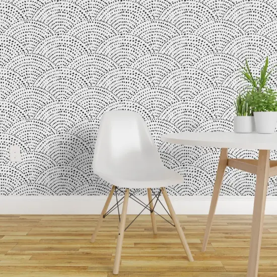 Peel & Stick Wallpaper 2FT Wide Large Ink Dots Scales Monochrome Black White Waves Pattern Geometric Wave Custom Removable Wallpaper by Spoonflower {1}