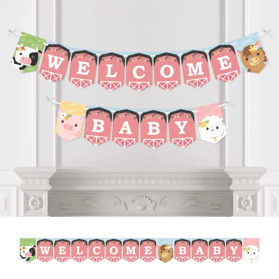 Big Dot of Happiness Girl Farm Animals - Pink Barnyard Baby Shower Bunting Banner - Party Decorations - Welcome Baby {1}