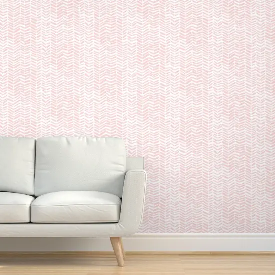 Peel & Stick Wallpaper 2FT Wide White Pink Herringbone Chevron Girl Nursery Custom Removable Wallpaper by Spoonflower {5}