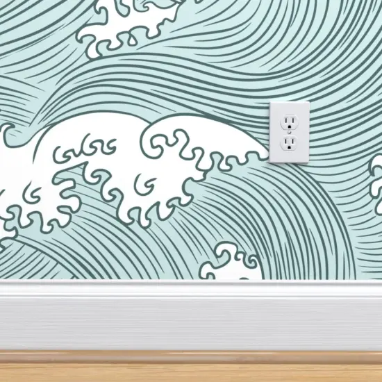 Pre-Pasted Wallpaper 2FT Wide Rolling Waves Vintage Asian Chinese Japan Japanese Water Line Summer Doodle Home Decor Sea Ocean Wave Custom Pre-pasted Wallpaper by Spoonflower {4}