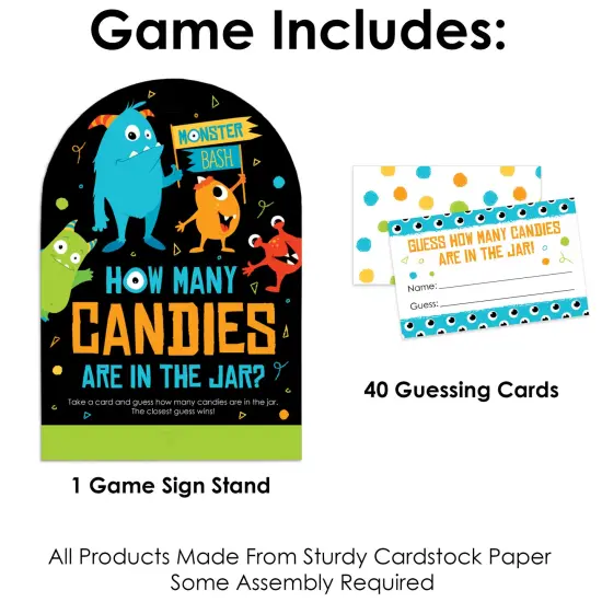 Big Dot of Happiness Monster Bash - How Many Candies Little Monster Birthday Party or Baby Shower Game - 1 Stand and 40 Cards - Candy Guessing Game {4}