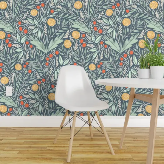 Peel & Stick Wallpaper 2FT Wide Modern Botanical Dandelions Yellow Orange Blue Floral Eucalyptus Rosehips Custom Removable Wallpaper by Spoonflower {1}