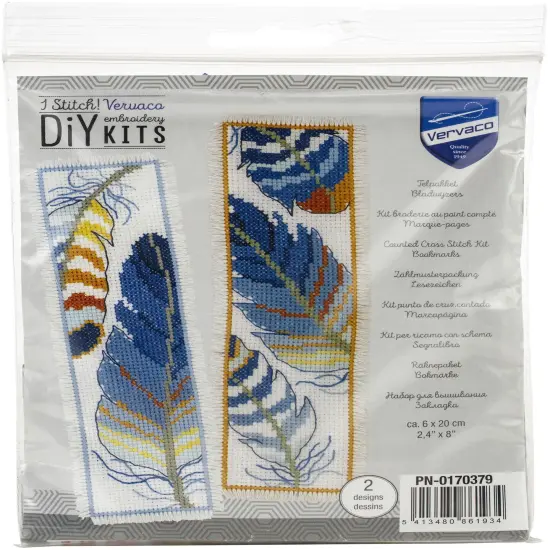 Vervaco Counted Cross Stitch Bookmark Kit 2.4"X8" 2/Pkg-Blue Feathers {1}