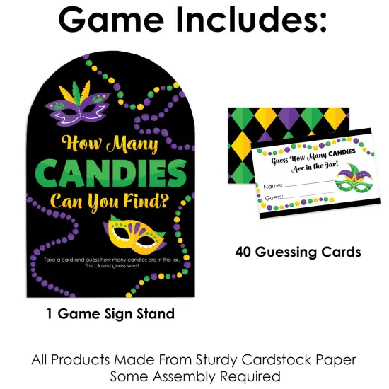 Big Dot of Happiness Colorful Mardi Gras Mask - How Many Candies Masquerade Party Game - 1 Stand and 40 Cards - Candy Guessing Game {4}