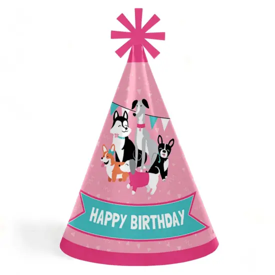 Big Dot of Happiness Pawty Like a Puppy Girl - Cone Happy Birthday Party Hats for Kids and Adults - Set of 8 (Standard Size) {1}