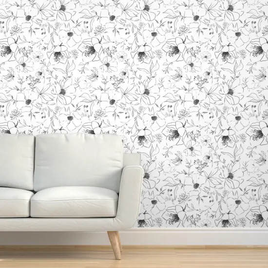 Peel & Stick Wallpaper 2FT Wide Black And White Flower Drawing Blossoms Leaves Floral Nature Botanical Monochrome Custom Removable Wallpaper by Spoonflower {5}
