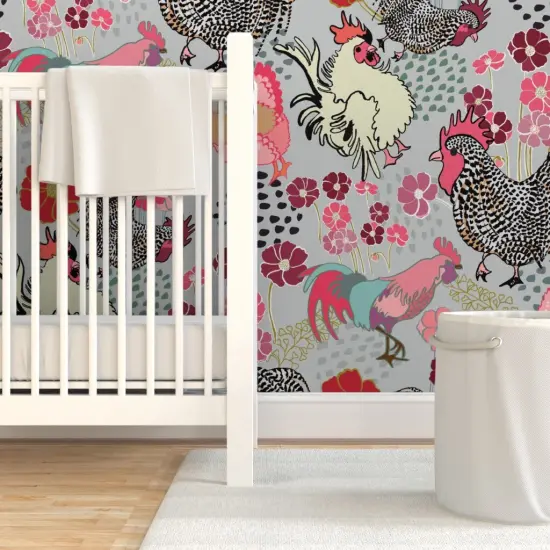 Pre-Pasted Wallpaper 2FT Wide Rooster Parade Barnyard Chickens Farm Birds Floral Print Roosters Fowl Pink Custom Pre-pasted Wallpaper by Spoonflower {7}