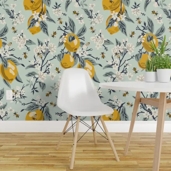 Peel & Stick Wallpaper 2FT Wide Mint Botanical Farmhouse Citrus Country Floral Rustic Modern Jumbo Scale Custom Removable Wallpaper by Spoonflower {1}