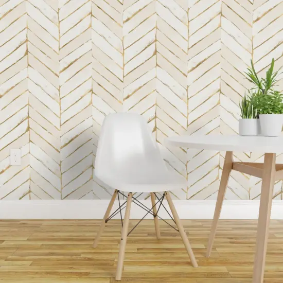 Pre-Pasted Wallpaper 2FT Wide Cream Gold Tone Chevron Herringbone Neutral Geometric Custom Pre-pasted Wallpaper by Spoonflower {1}