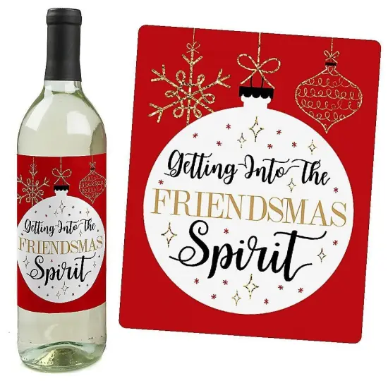 Big Dot of Happiness Red and Gold Friendsmas - Friends Christmas Party Decorations for Women and Men - Wine Bottle Label Stickers - Set of 4 {3}